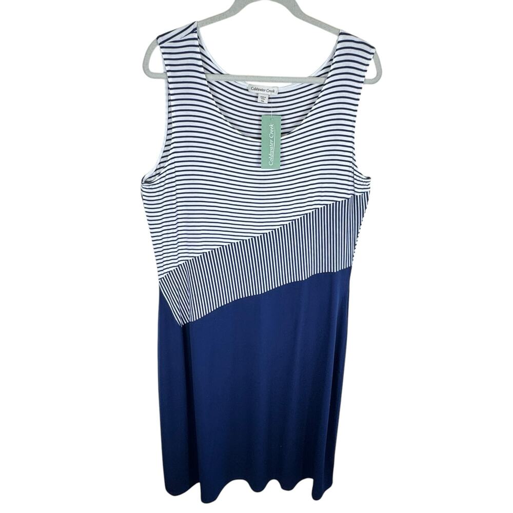 Coldwater Creek NWT Navy White Striped‎ Scoop Neck Stretchy Midi Tank Dress PXL